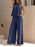 Two-Piece Pants Set - Soft Micro Elasticity Polyester Crew Neck Tank Top & Wide Leg Pants with Slant Pockets - Spring/Summer Casual Outfit for Women