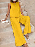 Two-Piece Pants Set - Soft Micro Elasticity Polyester Crew Neck Tank Top & Wide Leg Pants with Slant Pockets - Spring/Summer Casual Outfit for Women