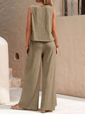 Two-Piece Pants Set - Soft Micro Elasticity Polyester Crew Neck Tank Top & Wide Leg Pants with Slant Pockets - Spring/Summer Casual Outfit for Women