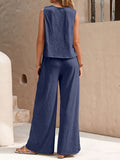 Two-Piece Pants Set - Soft Micro Elasticity Polyester Crew Neck Tank Top & Wide Leg Pants with Slant Pockets - Spring/Summer Casual Outfit for Women