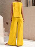 Two-Piece Pants Set - Soft Micro Elasticity Polyester Crew Neck Tank Top & Wide Leg Pants with Slant Pockets - Spring/Summer Casual Outfit for Women