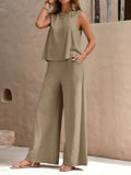 Two-Piece Pants Set - Soft Micro Elasticity Polyester Crew Neck Tank Top & Wide Leg Pants with Slant Pockets - Spring/Summer Casual Outfit for Women