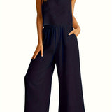 Summer Womens Fresh Fashion Square Neck Sleeveless Tank Top & Wide Leg Long Pants Set - Comfortable, Breathable, Relaxed Fit, European and American Style, Leisure Wear, Suspended Design, Two-Piece Outfit