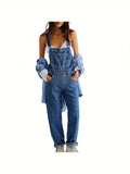 Womens Slight Stretch Denim Long Jumpsuit Romper - Casual Spaghetti Strap Wide Leg Bib Overalls with Button Front - Machine Washable, Solid Color, All-Season, Knit Fabric, No Printing, No Sheer