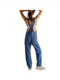 Womens Slight Stretch Denim Long Jumpsuit Romper - Casual Spaghetti Strap Wide Leg Bib Overalls with Button Front - Machine Washable, Solid Color, All-Season, Knit Fabric, No Printing, No Sheer