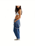 Womens Slight Stretch Denim Long Jumpsuit Romper - Casual Spaghetti Strap Wide Leg Bib Overalls with Button Front - Machine Washable, Solid Color, All-Season, Knit Fabric, No Printing, No Sheer