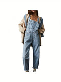 Womens Slight Stretch Denim Long Jumpsuit Romper - Casual Spaghetti Strap Wide Leg Bib Overalls with Button Front - Machine Washable, Solid Color, All-Season, Knit Fabric, No Printing, No Sheer
