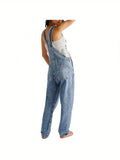 Womens Slight Stretch Denim Long Jumpsuit Romper - Casual Spaghetti Strap Wide Leg Bib Overalls with Button Front - Machine Washable, Solid Color, All-Season, Knit Fabric, No Printing, No Sheer