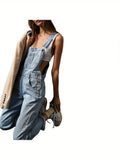 Womens Slight Stretch Denim Long Jumpsuit Romper - Casual Spaghetti Strap Wide Leg Bib Overalls with Button Front - Machine Washable, Solid Color, All-Season, Knit Fabric, No Printing, No Sheer