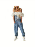 Womens Slight Stretch Denim Long Jumpsuit Romper - Casual Spaghetti Strap Wide Leg Bib Overalls with Button Front - Machine Washable, Solid Color, All-Season, Knit Fabric, No Printing, No Sheer