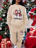 Women's Christmas Snowman Print Sweatshirt Set, Cozy All-Season Polyester Hoodie and Pants, Casual Round Neck, Knit Fabric, Festive Holiday Outfit