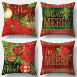 Set of 4 Festive Christmas Throw Pillow Covers - 17.5" x 17.5", Red & Green Plaid with Poinsettia Design, Zippered Polyester Cushion Cases for Living Room Decor (Inserts Not Included)