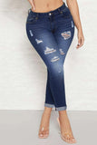 hulianfu - Deep Blue Casual Solid Ripped High Waist Skinny Denim Jeans