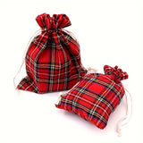 10 Pcs Festive Red Plaid Reusable Cotton Drawstring Bags - Perfect for Wedding, Birthday, Christmas, and More Decorative Occasions