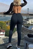 hulianfu - Light Blue Casual Solid Basic Mid Waist Skinny Denim Jeans