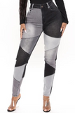 hulianfu - Khaki Casual Color Block Patchwork Mid Waist Skinny Denim Jeans