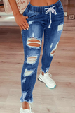 hulianfu - Grey Casual Patchwork Ripped High Waist Skinny Denim