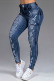 hulianfu - Dark Blue Fashion Casual Solid Ripped Patchwork High Waist Skinny Denim Jeans