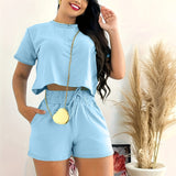 Womens Elegant Solid Color Casual Shorts Set - Crew Neck Short Sleeve Crop Top, Tie Waist Pants, Polyester Fabric, Regular Fit, Machine Washable - Perfect for Spring and Summer Outings