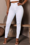 hulianfu - White Casual Solid Patchwork High Waist Skinny Denim Jeans