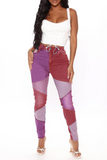 hulianfu - Khaki Casual Color Block Patchwork Mid Waist Skinny Denim Jeans