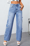 hulianfu - Blue Casual Solid Patchwork High Waist Straight Denim Jeans