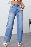 hulianfu - Blue Casual Solid Patchwork High Waist Straight Denim Jeans