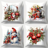 4-Pack Christmas Throw Pillow Covers, 17.7x17.7 inches, Contemporary Style, Polyester, Zippered, Hand Wash Only, Printed Snowman & Holly Design, Sofa Cushion Cases for Living Room Decor
