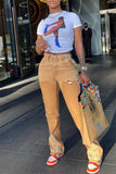 hulianfu - Khaki Casual Solid Patchwork Regular High Waist Conventional Patchwork Jeans
