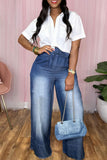 hulianfu - Light Blue Casual Solid Bandage Patchwork High Waist Straight Denim Jeans