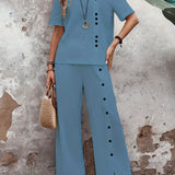 Two-Piece Elegant Crew Neck Short Sleeve Top and Split Wide Leg Pants Set - Soft Micro Elastic Polyester Fabric, Solid Color, and Classic Style for Spring/Summer - Womens Clothing Outfit