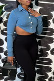 hulianfu - Blue Sexy Solid Backless Turndown Collar Long Sleeve Skinny Denim Jacket