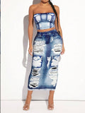 hulianfu Ripped Hippy Pocket Washed Denim Skirt