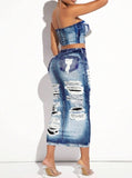 hulianfu Ripped Hippy Pocket Washed Denim Skirt