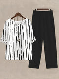 Chic Womens Two-piece Set - Fashionable Button Detail Color Block Top & Matching Solid Pants Outfit - Comfy Short Sleeve for Spring & Summer