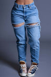 hulianfu - Blue Casual Solid Ripped High Waist Regular Denim Jeans