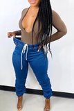 hulianfu - Blue Casual Solid Patchwork High Waist Harlan Denim Jeans