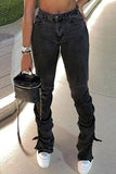 hulianfu - Dark Gray Fashion Casual Solid Patchwork Slit Fold High Waist Regular Denim Jeans