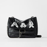 HULIANFU ZR women's bag stray bag mailman bag diamond chain new black rock soft shoulder messenger handbag bag