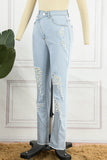 hulianfu - Blue Casual Solid Ripped Patchwork High Waist Regular Denim Jeans
