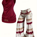 Two-Piece Tie Dye Wide Leg Pants Outfit - Cowl Neck Vest with Drawstring, Micro Elasticity, and Machine Washable - Spring/Summer Casual Wear for Women