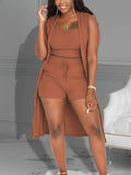 Chic Womens Three-Piece Summer Outfit Set - Lightweight Sleeveless Vest Jacket, Crew Neck Cami Top & Drawstring Shorts - Perfect for Casual Days & Warm Weather - Adjustable, Versatile & Stylish