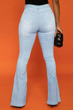 hulianfu - Blue Casual Solid Patchwork High Waist Boot Cut Denim Jeans