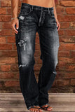 hulianfu - Blue Casual Solid Ripped Patchwork Mid Waist Regular Denim Jeans