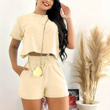 Womens Elegant Solid Color Casual Shorts Set - Crew Neck Short Sleeve Crop Top, Tie Waist Pants, Polyester Fabric, Regular Fit, Machine Washable - Perfect for Spring and Summer Outings