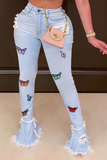 hulianfu - Baby Blue Casual Butterfly Print Patchwork Boot Cut Denim Jeans