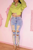 hulianfu - Blue Casual Solid Bandage Hollowed Out High Waist Skinny Denim Jeans