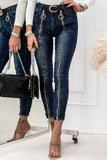 hulianfu - Deep Blue Casual Patchwork Zipper High Waist Skinny Denim Jeans