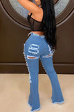 hulianfu - Baby Blue Fashion Casual Solid Ripped High Waist Regular Denim Jeans
