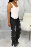 hulianfu - Black Casual Patchwork Ripped Mid Waist Boot Cut Denim Jeans